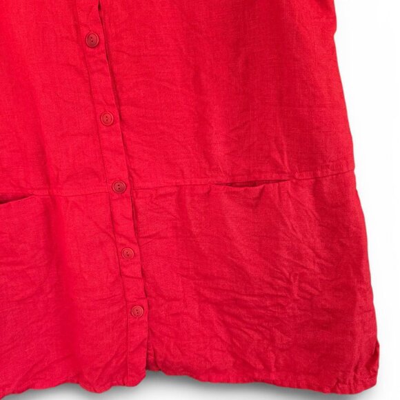Womens Sleeveless Red Linen Button-Up Tunic Shirt With Pockets - Picture 5 of 8